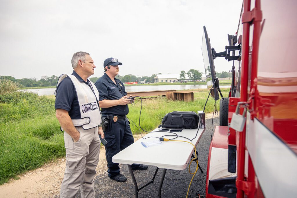 first responders piloting drone during exercise